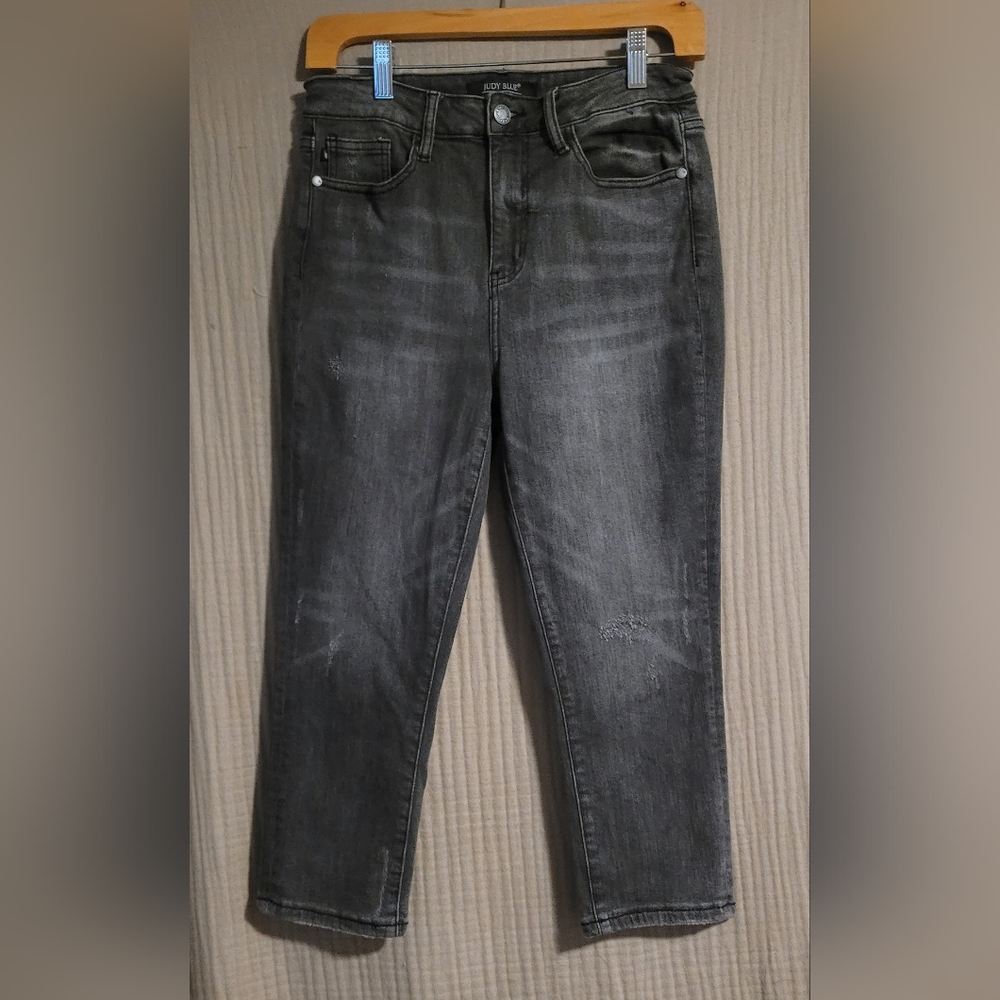 Judy Blue Charcoal Skinny Fit Capri Distressed Stretch Jeans - Picture 1 of 8
